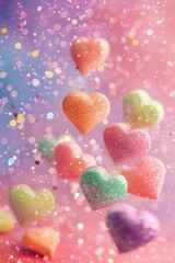 Obraz premium Playful Valentine's Day Abstract Background with Floating Candy Hearts and Glitter
