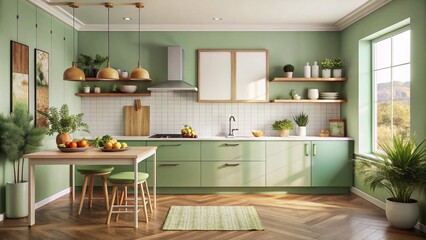 Fototapeta premium Minimalist Kitchen Mockup with Empty Poster Frame and Pastel Green Cabinets for Food Photography