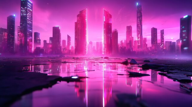 Futuristic skyscrapers, decaying structures, neon lights reflecting off broken glass
