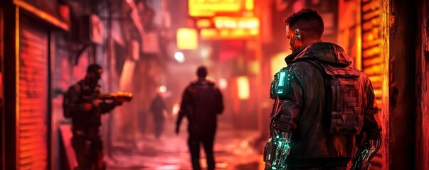 Fototapeta premium Futuristic slums, scavengers with cybernetic limbs, searching for tech, dark alleyways