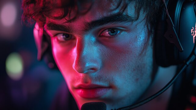 A young gamer intensely concentrates on his screen, wearing headphones, surrounded by colorful lights typical of an esports setting during nighttime.