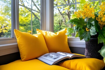 A cozy nook with yellow cushions, creating a cheerful reading space