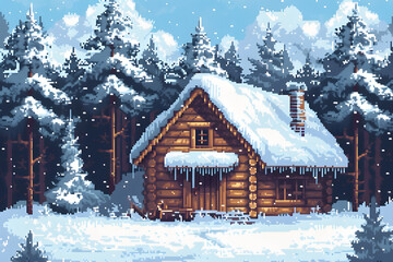 Naklejka premium 8bit house in the snow