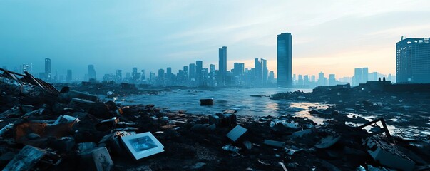 Futuristic wasteland, crumbling infrastructure, cyber-enhanced survivors, scavenging for tech