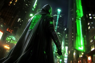 A cyberpunk traveler exploring an abandoned tech district, illuminated only by distant holograms