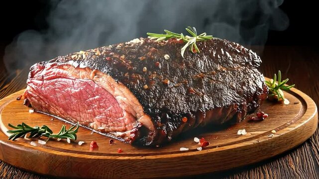 A big aromatic, steaming hunk of dark-crusted baked beef brisket on the ribs. Traditional Texas barbecue