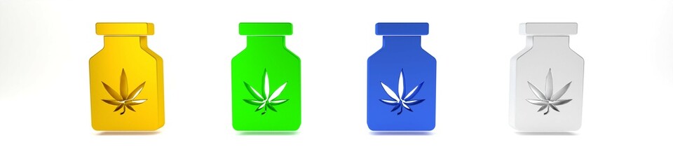 Colorful Medical bottle with marijuana or cannabis leaf icon isolated on white background. Mock up of cannabis oil extracts in jars. Minimalism concept. 3D render illustration