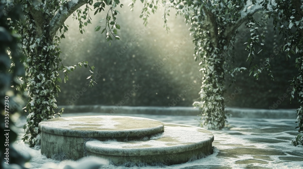 Aufkleber a peaceful winter garden features stone steps surrounded by lush greenery and snow. soft sunlight fi