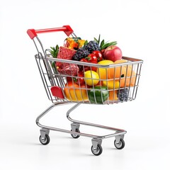 Shopping cart filled with fresh fruits and groceries on a white background