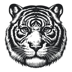 black and white vintage illustration of a majestic tiger's head, showcasing intricate details and bold lines, perfect for wildlife enthusiasts and artistic decor