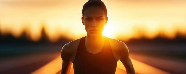 Female athlete in a sprint start position, track and field, focus on speed goals