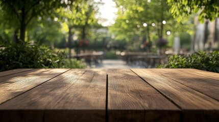 Rustic wooden table in foreground with blurred green park scenery behind, perfect for product display or outdoor dining concept in nature setting.