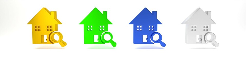 Colorful Search house icon isolated on white background. Real estate symbol of a house under magnifying glass. Minimalism concept. 3D render illustration