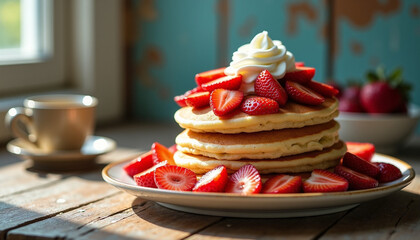 Pancakes with fresh strawberries and whipped cream