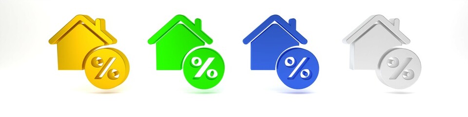 Colorful House with percant discount tag icon isolated on white background. House percentage sign price. Real estate home. Credit percentage symbol. Minimalism concept. 3D render illustration