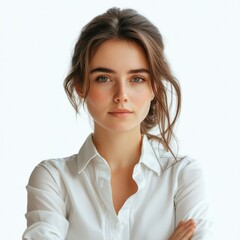 Woman in white shirt posing confidently against plain background indoors