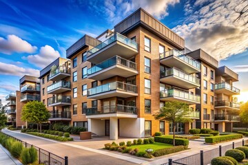 Modern Apartment Building with Beige and Grey Facade, Balconies, Urban Architecture, Contemporary Design