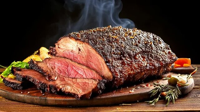 A big aromatic, steaming hunk of dark-crusted baked beef brisket on the ribs. Traditional Texas barbecue