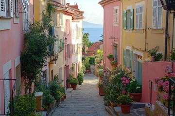 Obraz premium A Narrow Cobblestone Street Lined with Colorful Buildings and Lush Greenery