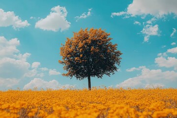 A solitary tree stands tall amidst a field of golden wildflowers under a bright blue sky with fluffy white clouds.