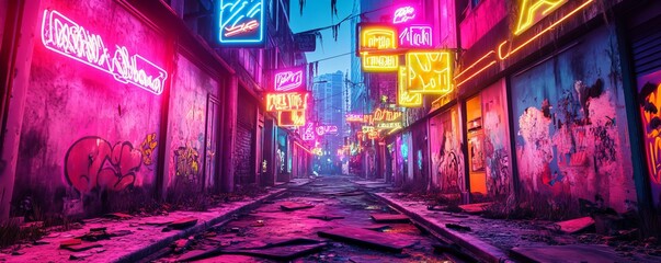 Overgrown urban decay, neon signs hanging from broken buildings, desolate streets