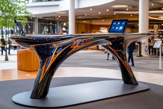 A futuristic desk with touch-sensitive controls, seamlessly integrating work tools