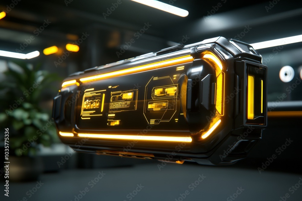 Aufkleber a futuristic interface glowing in illuminating yellow, floating in a smart home environment
