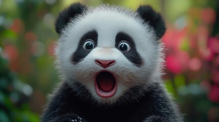 Obraz premium panda with wide expressive eyes adorably shocked set against a bright pink background the cute expression highlights its surprise creating a humorous atmosphere