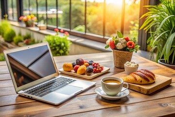 Modern Food Photography Featuring Laptop and Notebooks for Productivity and Inspiration