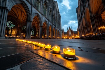 Obraz premium A gothic cathedral with gray stone arches, casting long shadows in candlelight