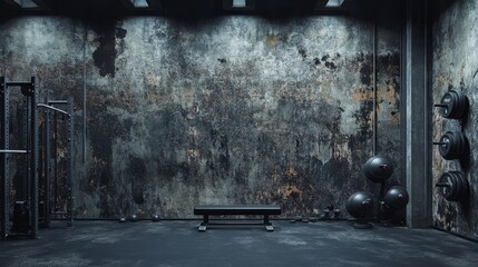 The high-definition dark concrete gym wall background creates a strong industrial atmosphere. Suitable for fitness related designs, featuring rough textures and minimalist style in fitness scenes.