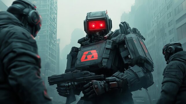 Post-apocalyptic survivors, scavenging for tech, battling robotic enforcers in dystopian cityscape
