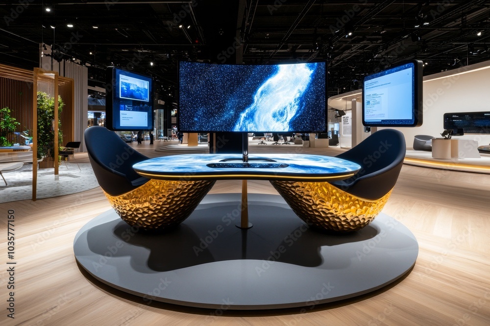 Poster a holographic workspace setup, with virtual screens floating in the air