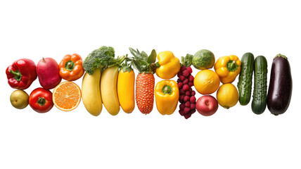 Fresh fruits and vegetables arranged in colorful line, showcasing variety of shapes and colors, including peppers, bananas, and berries, creating vibrant and healthy display © Nattapol