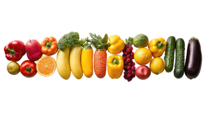 Fresh fruits and vegetables arranged in colorful line, showcasing variety of shapes and colors, including peppers, bananas, and berries, creating vibrant and healthy display