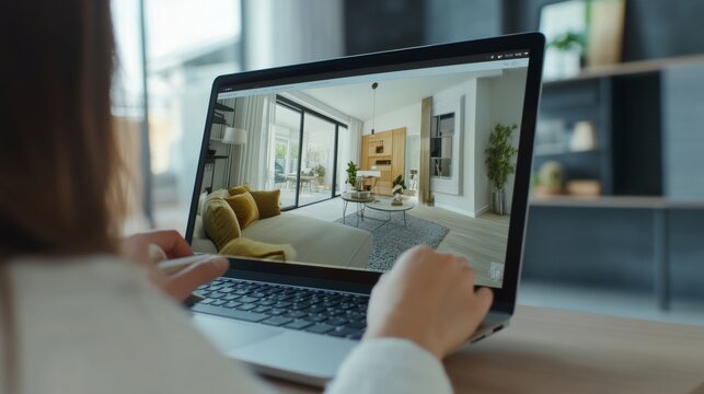 A couple exploring virtual real estate tours on a laptop to find their dream home, Modern lifestyle scene, Home buying style