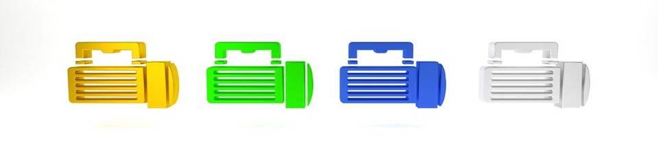 Colorful Flashlight icon isolated on white background. Tourist flashlight handle. Minimalism concept. 3D render illustration