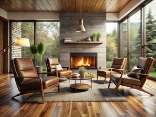 Fototapeta premium Modern Midcentury Interior Design with Wooden Floors and Dark Brown Armchairs