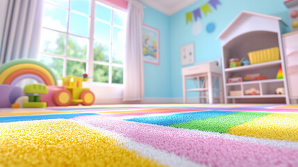 vibrant playroom featuring colorful carpet, bright toys, and cheerful decor creates joyful atmosphere for children. playful design encourages creativity and fun