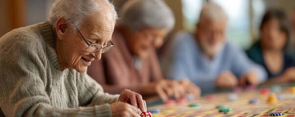 Elderly group enjoying a game of bingo, fostering social engagement and fun, Bingo Night, Active Aging