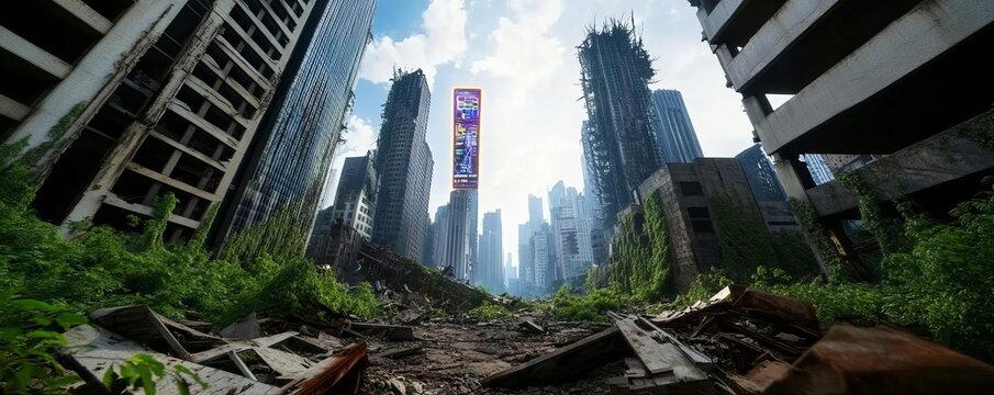 Ruined megacity, overgrown skyscrapers, flickering holographic signs, advanced tech debris