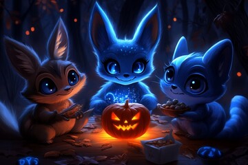 A magical forest feast set for Thanksgiving, with enchanted creatures gathered around a glowing table