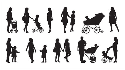 Vector silhouette of collection of people with baby carriage on white background. Symbol of family.