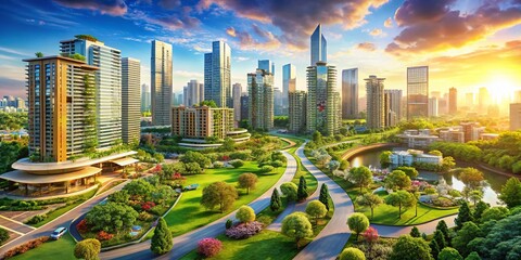 Modern Urban Living: World Habitat Day Celebration with Contemporary Buildings and Sustainable Facilities