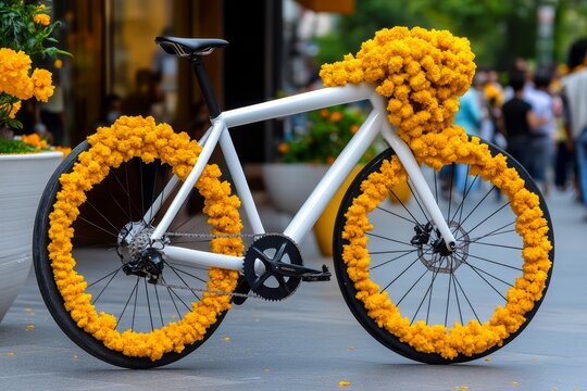 A marigold-adorned bicycle in a street parade, spreading joy and positivity