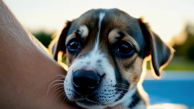 A close-up of an adorable puppy looking straight into the camera with soft lighting, capturing a heartwarming and affectionate moment.