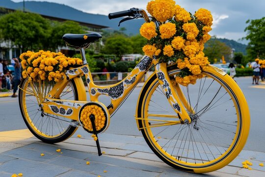A marigold-adorned bicycle in a street parade, spreading joy and positivity