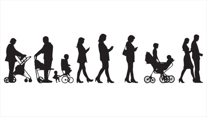 Vector silhouette of collection of people with baby carriage on white background. Symbol of family.