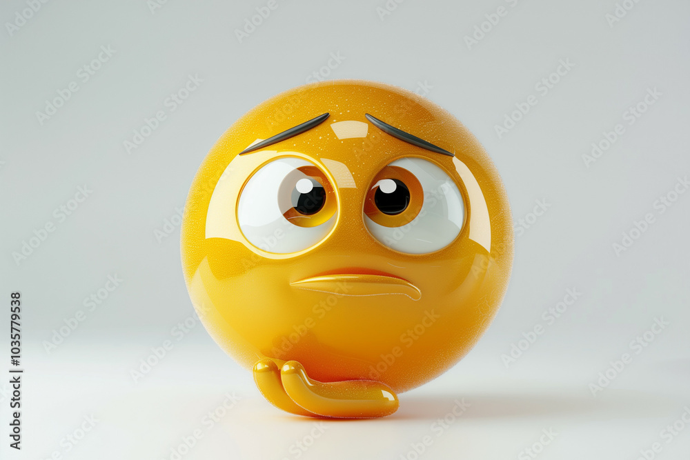 Fototapete high-quality 3d rendering of a thoughtful yellow emoji with worried expression and raised eyebrows o