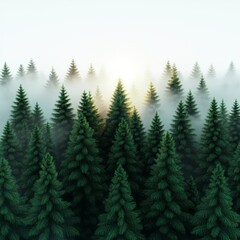 Obraz premium A serene forest scene with dense green pine trees shrouded in mist, illuminated by soft sunlight breaking through the foliage.
